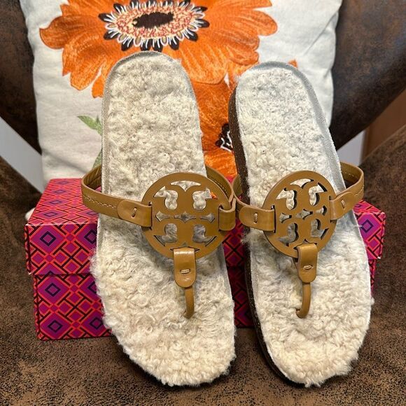 TORY BURCH CLOUD SHEARLING LEATHER MILLER SANDALS NATURAL CORK VGUC SZ 8M - Picture 3 of 14